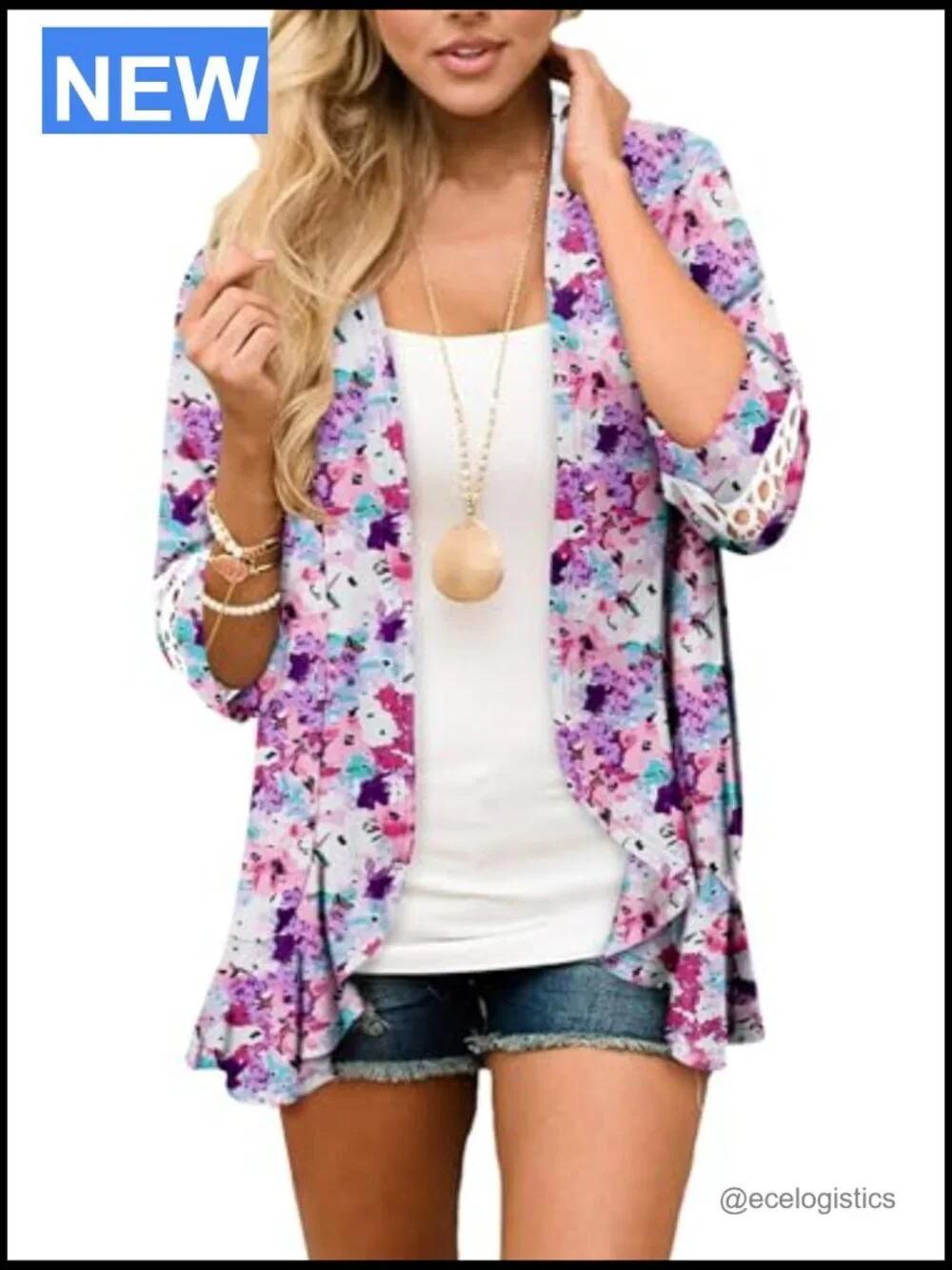 Womens Casual Open Front Cardigan Lightweight Soft Draped Ruffles 3/4 Sleeve